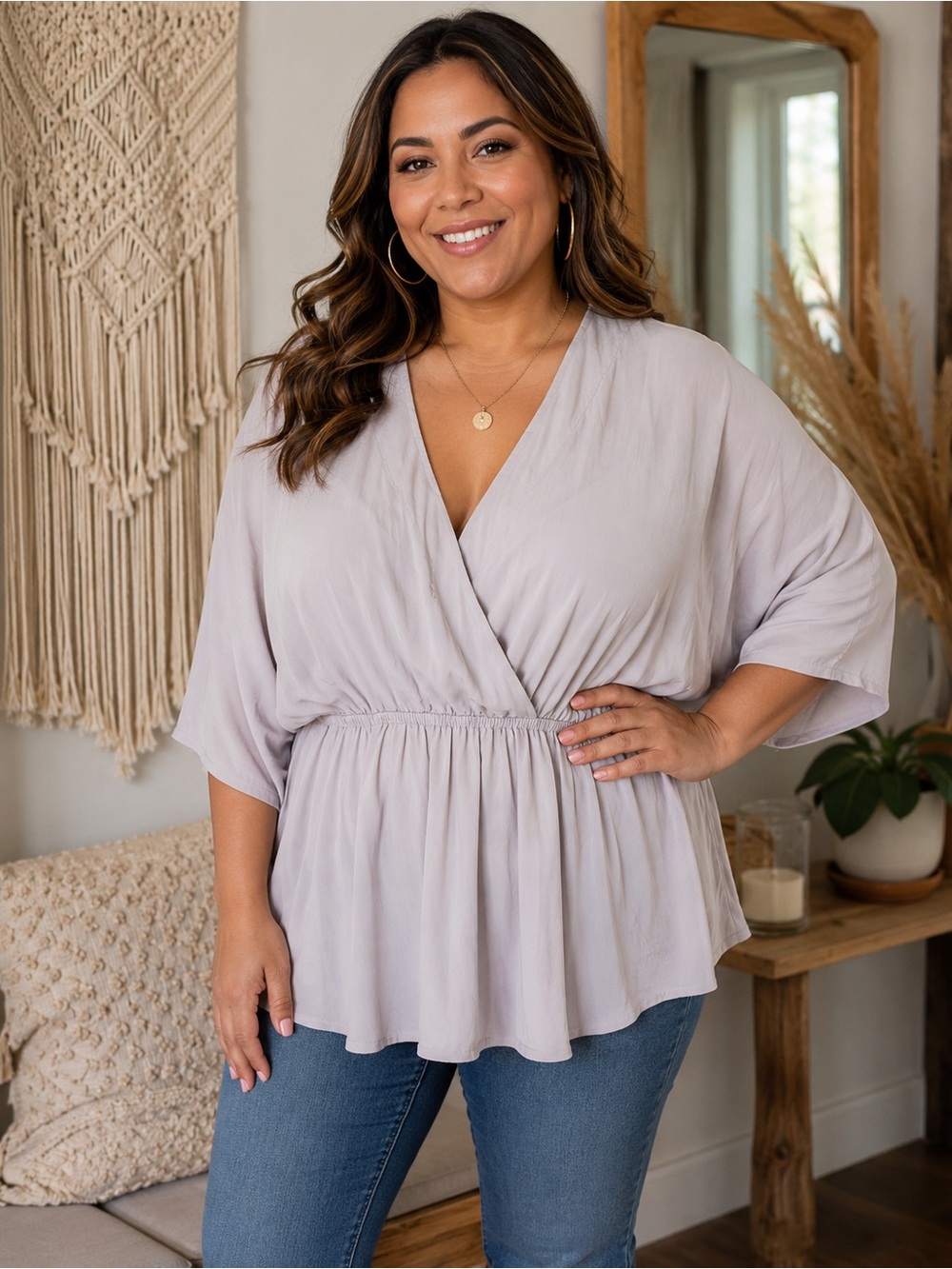 Women’s Wrap-Front Blouse in Light Gray - Relaxed V-Neck